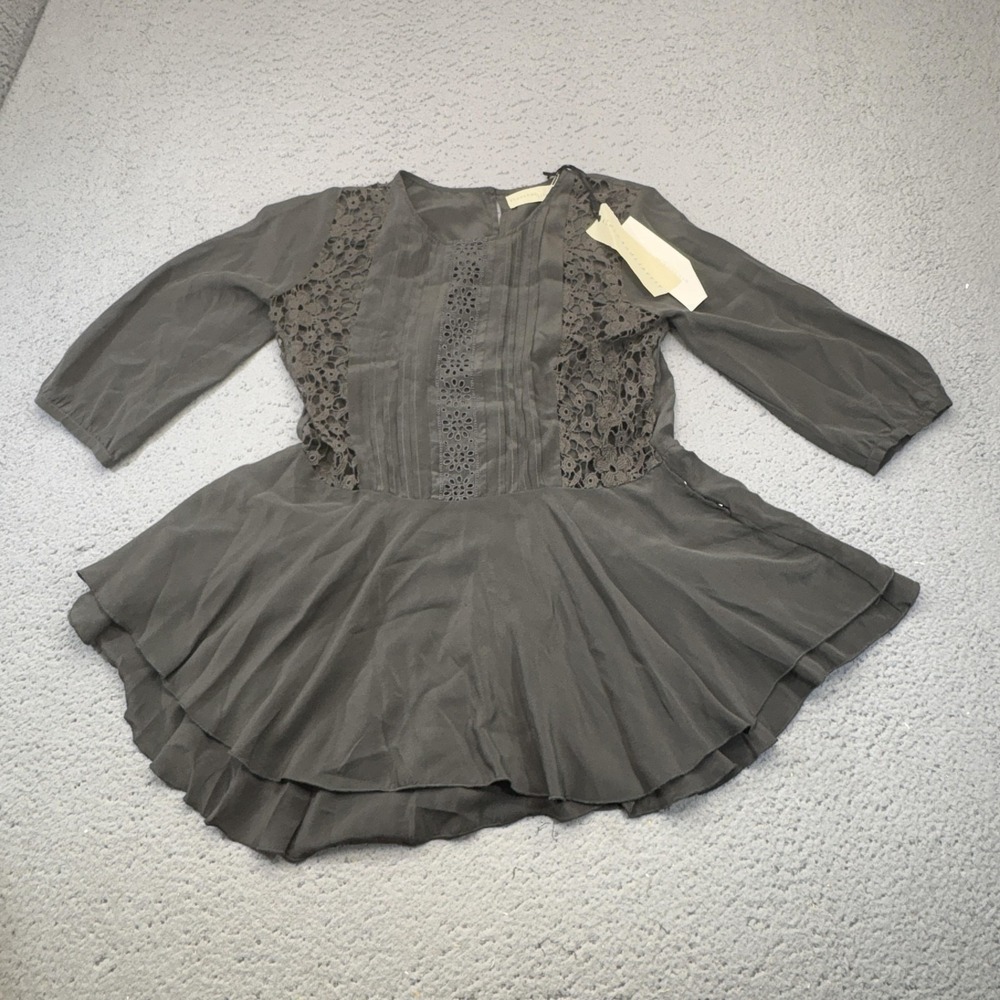 4 Love And Liberty Blouse Womens Small Gray Silk Crepe Peplum Crochet Lace‎ NWT